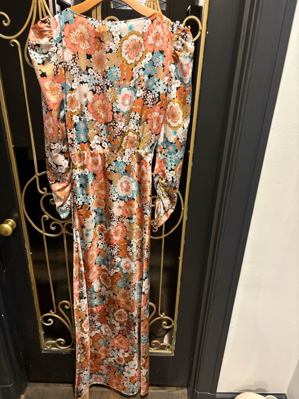 For Love & Lemons Peach s Aqua Floral Tie-Front Maxi Dress key hole puff sleeve - Picture 9 of 10